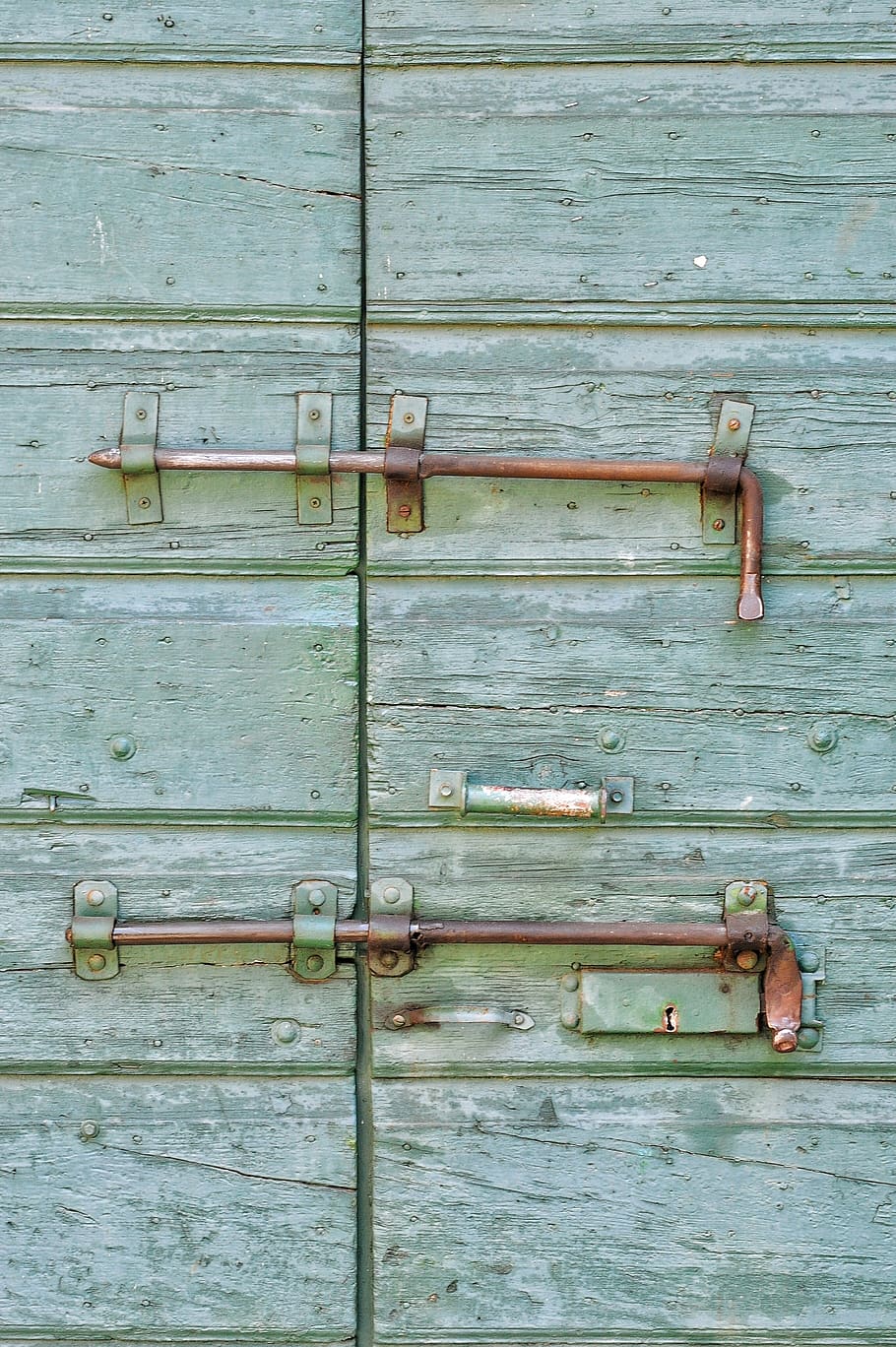 Two Brown Steel Latch Locks, antique, bolt, dirty, door, entrance