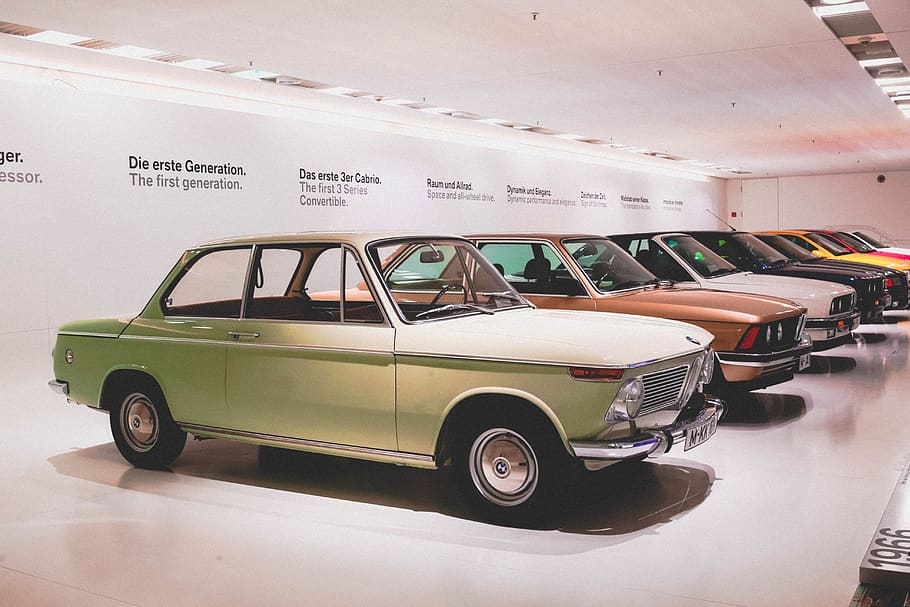 white coupe car inside building, munich, germany, bmw museum HD wallpaper