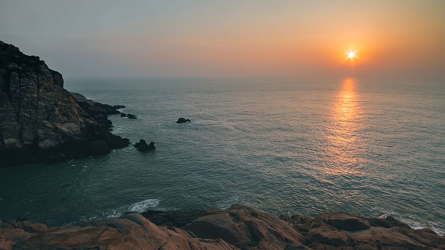 sea, ocean, water, waves, nature, rocks, horizon, blue, sky HD wallpaper