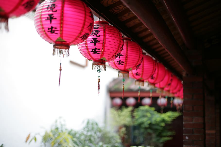 pink hanging decors, lamp, lantern, patio, lampshade, brick, porch HD wallpaper