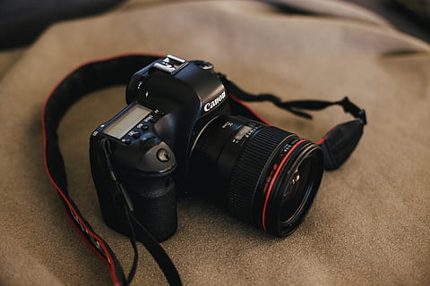 black Canon DSLR camera, electronics, strap, digital camera, camera lens HD wallpaper