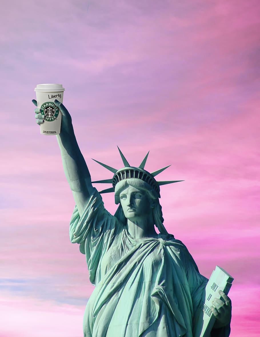 Statue of Liberty, Usa, coffee, coffee cup, daylight, dom, landmark, HD wallpaper