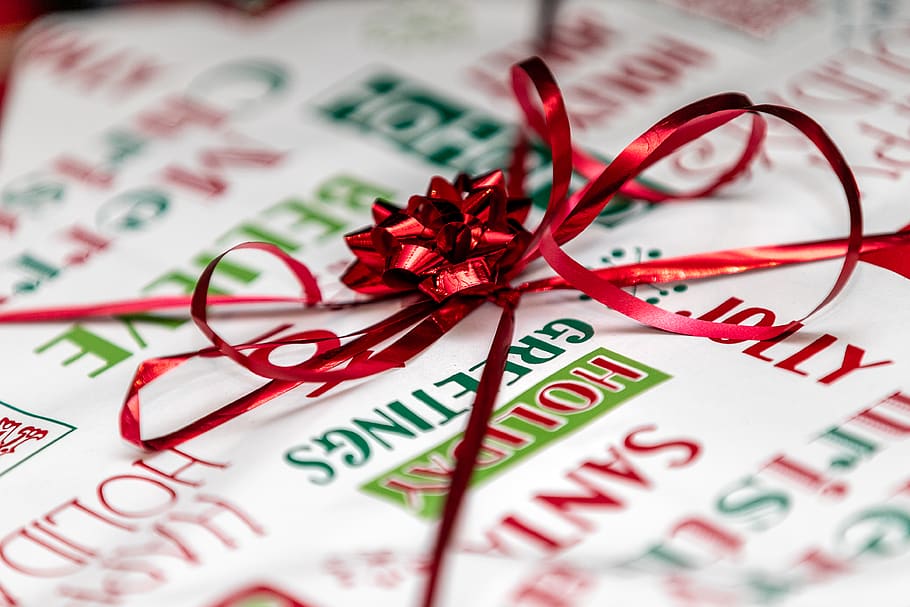 red bow gift, text, communication, ribbon, ribbon - sewing item HD wallpaper