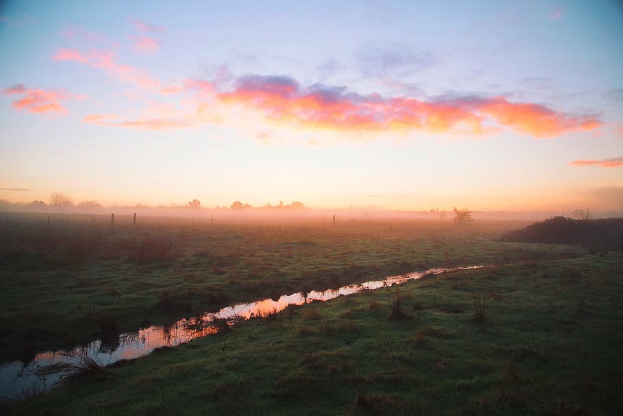 Water River Between Green Grass Field during Daytime, clouds HD wallpaper