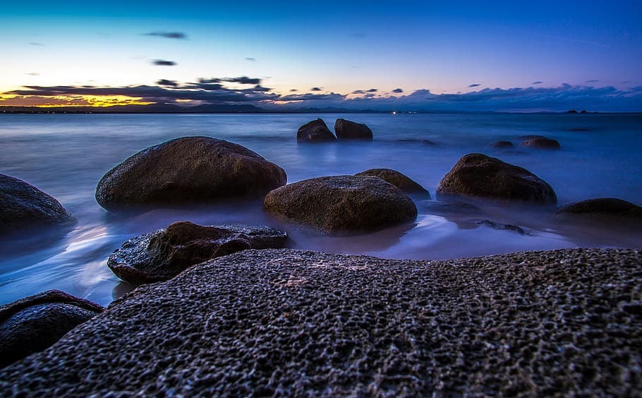 ocean, rocks, beach, sky, coast, nature, sunset, landscape, HD wallpaper