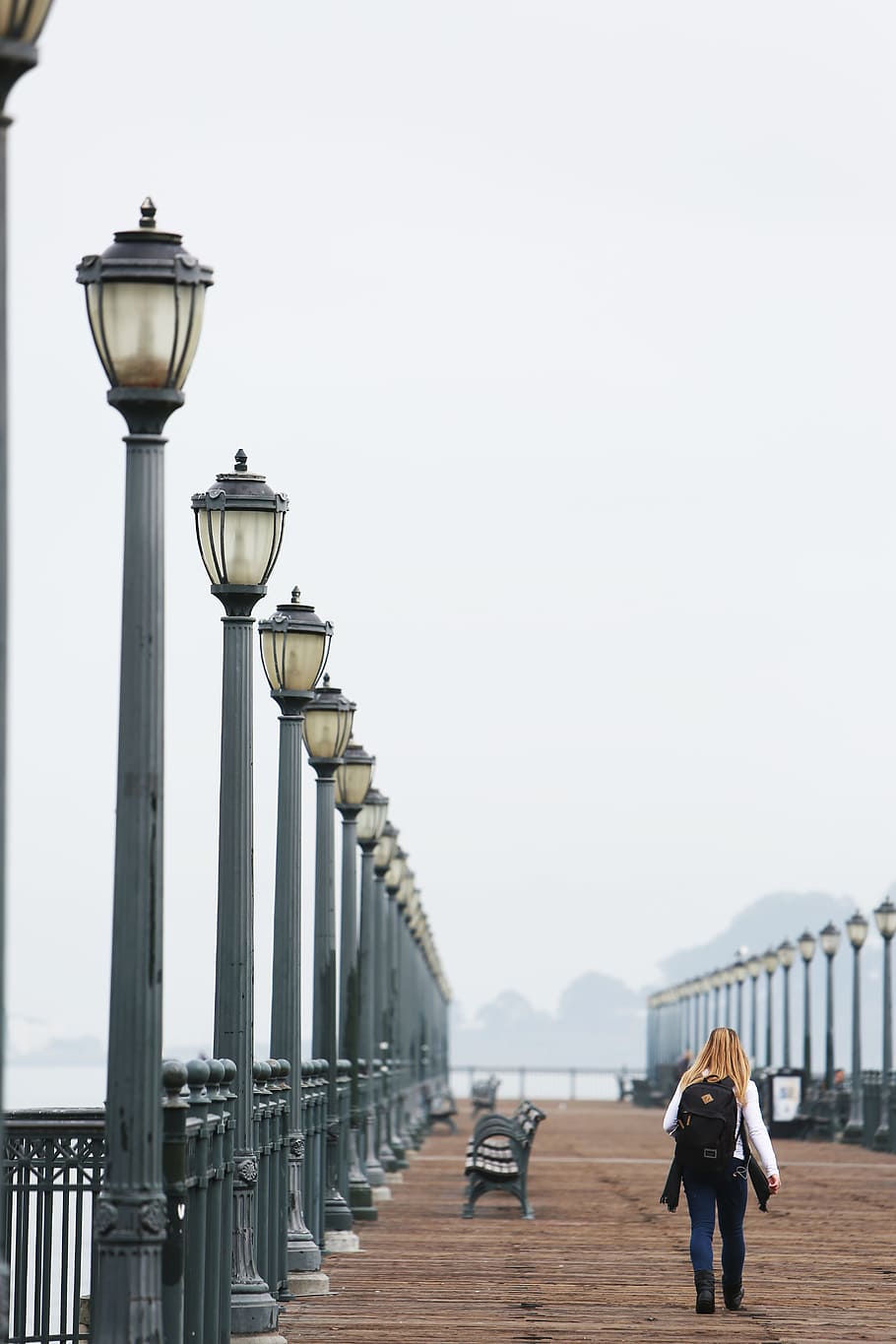 peer, street, lights, poles, metal, walk, walking, activity