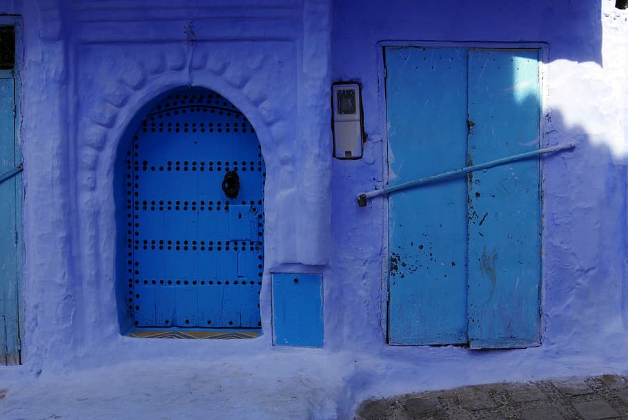 morocco, chefchaouen, door, blue, entrance, architecture, built structure, HD wallpaper