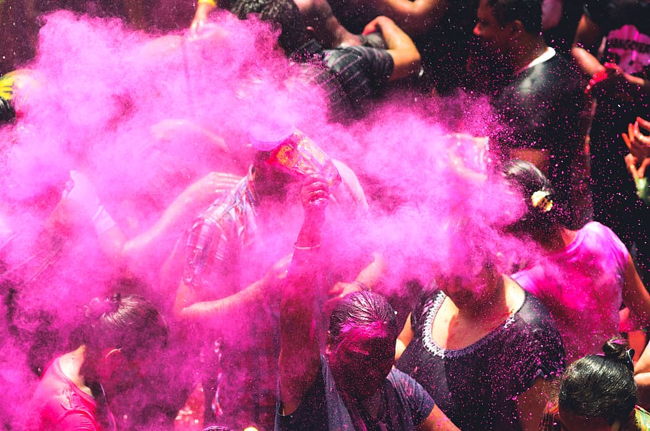 people using purple holi powder, human, person, crowd, club, pink HD wallpaper