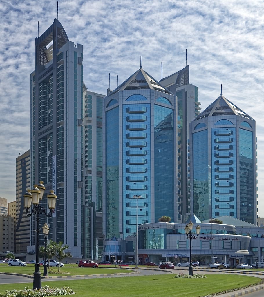 u a e, sharjah, skyline, architecture, city, building, skyscraper HD wallpaper