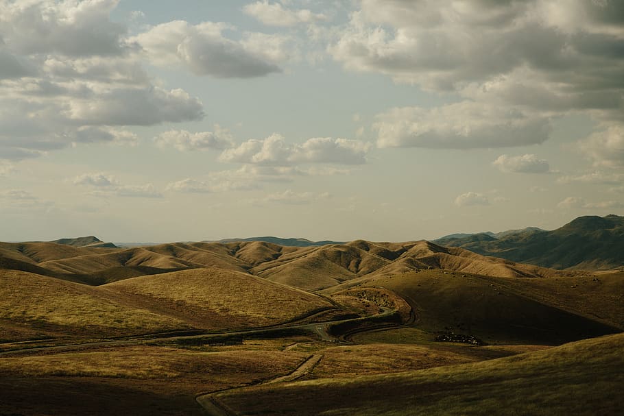 hills, clouds, view, mountains, nature, landscape, grass, travel HD wallpaper