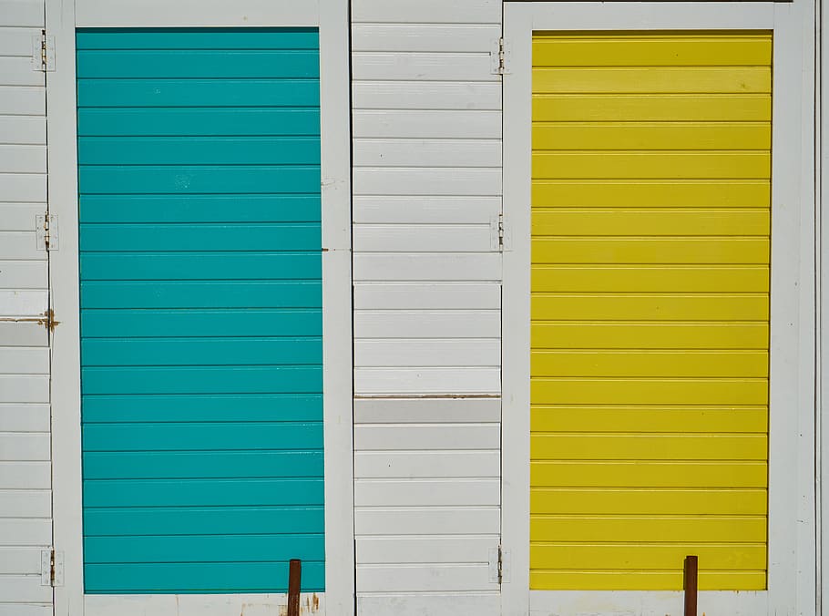 blue, yellow, white, door, wood, wood-fibre boards, wall, texture HD wallpaper