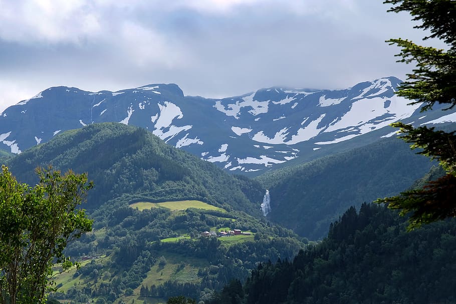 norway, vik, snow, stream, trees, green, fjord, landscape, mountain HD wallpaper