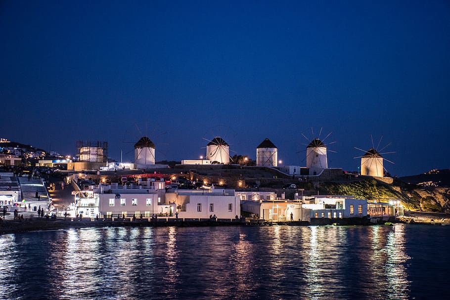 Night, mills, sky, landscape, evening, sea, greek islands, mykonos, HD wallpaper