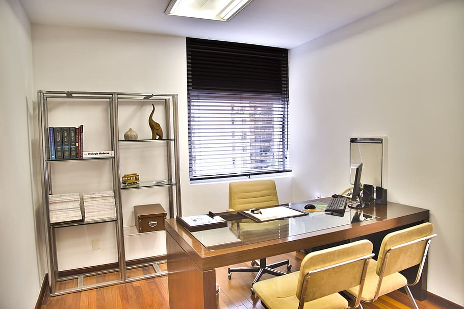 Brown Wooden Desk, bookcase, chair, contemporary, floor, furnitures, HD wallpaper