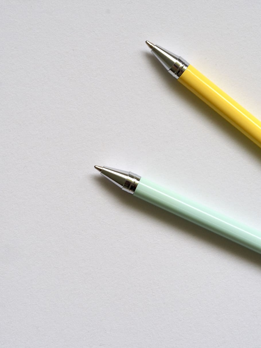 work, desk, flatlay, desktop, craft, art, yellow, blue, white HD wallpaper