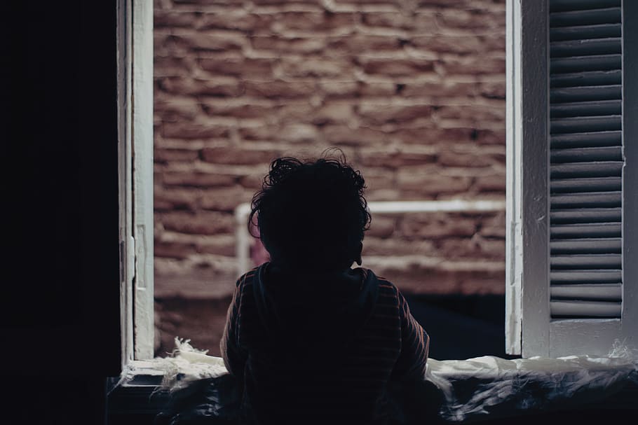 child looking outside the window, brick, human, person, home decor