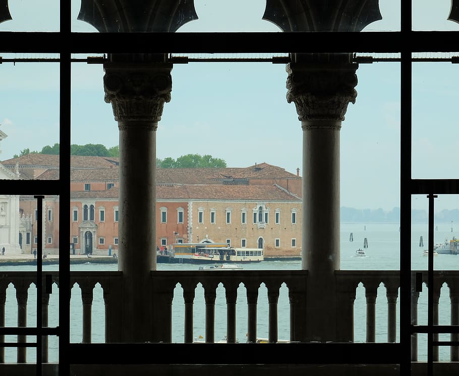 venice, water, sea, building, view, pillars, stone, architecture HD wallpaper