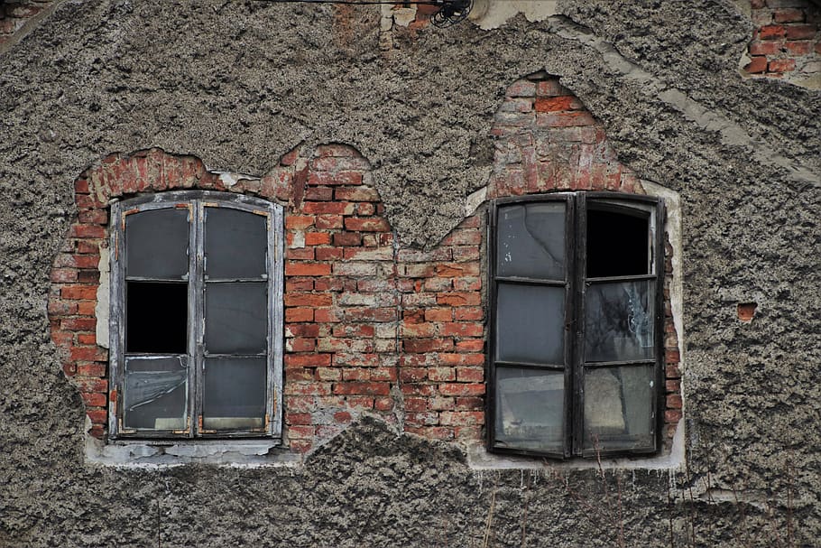 old windows, plaster, lost places, pattern, window sill, crash HD wallpaper
