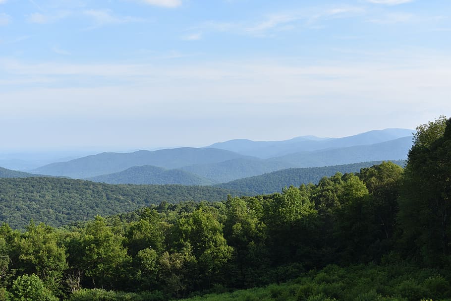 overlook, view, hike, sky, mountains, nature, landscape, trees HD wallpaper