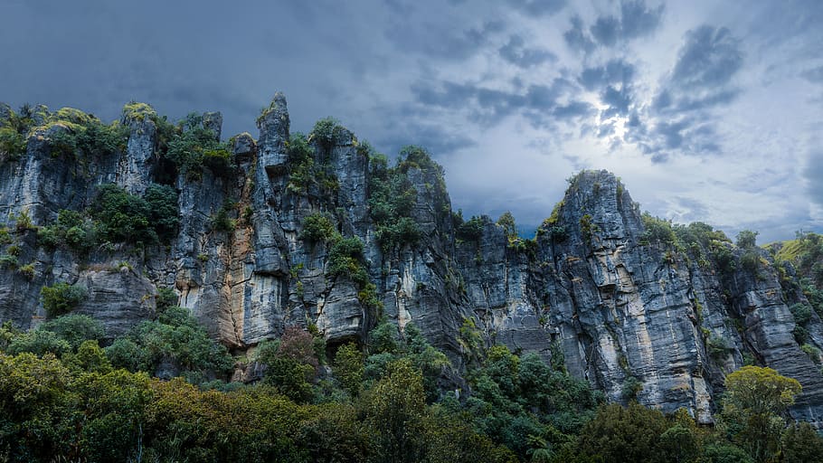 cliff, sky, night, bluff, cliff face, tree, plant, cloud - sky HD wallpaper