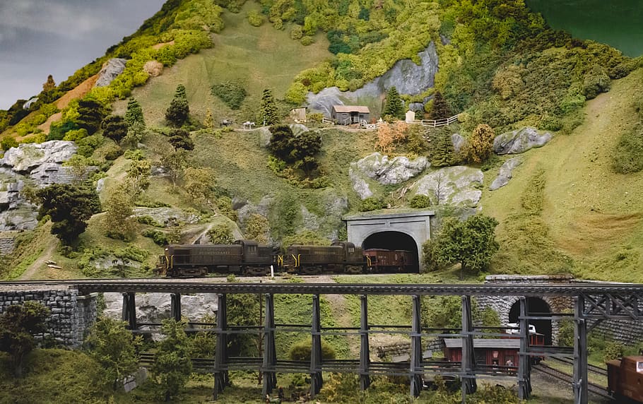 Green and Grey Mountains With Train Trail Going Inside, bridge HD wallpaper