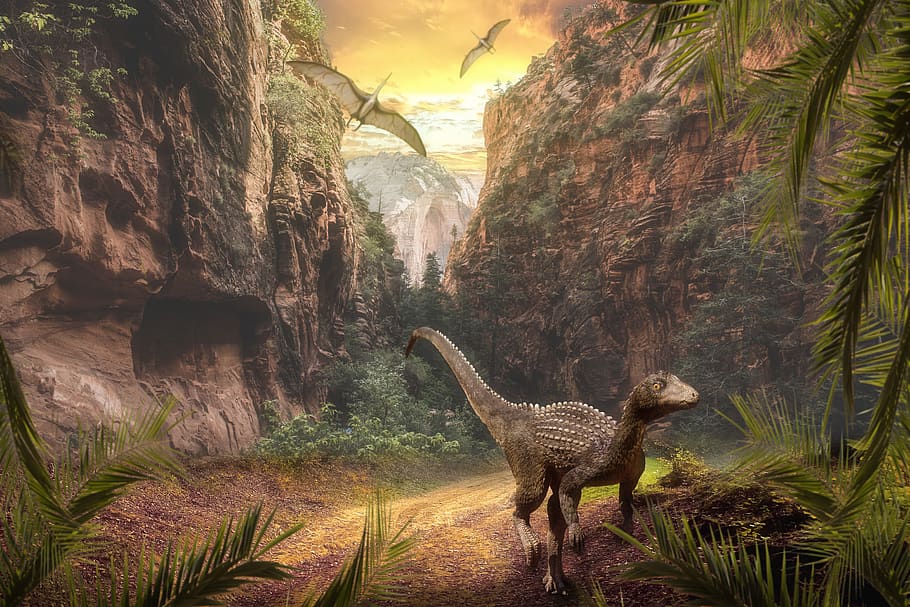 landscape, mountain, sky, clouds, nature, dinosaurs, tree, animal HD wallpaper