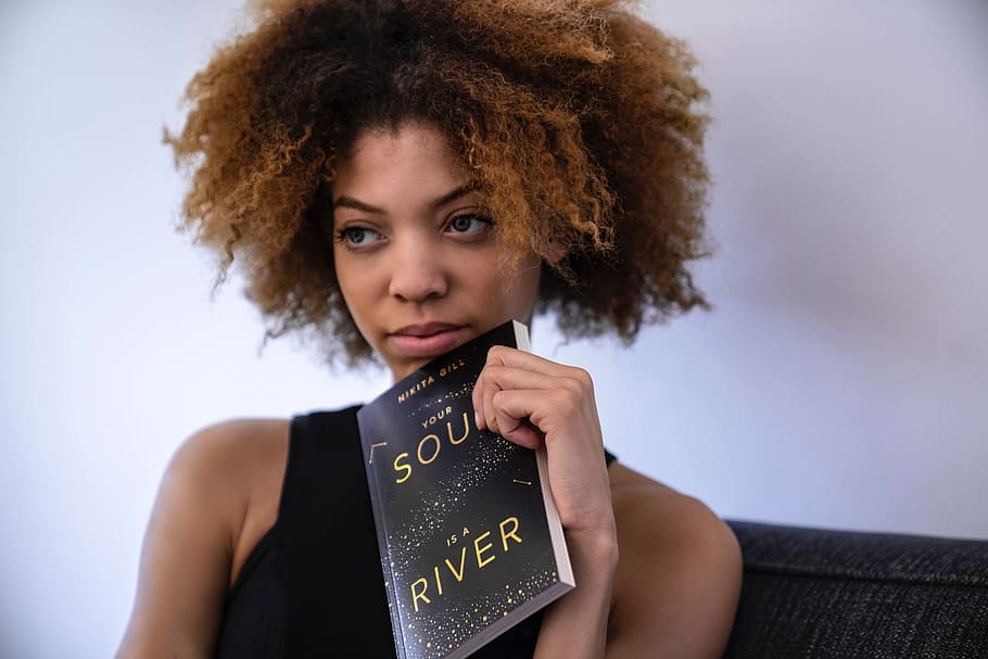 books, reading, library, woman, holding, black, thinking, curly hair HD wallpaper