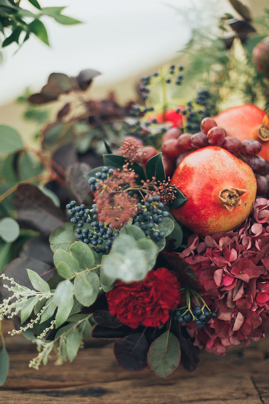Flowers and Fruits on Wooden Surface, berries, blurred background HD wallpaper