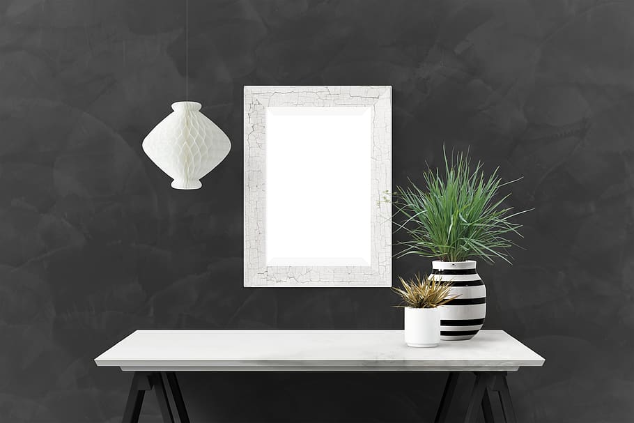 poster, frame, wall, desk, plants, table, no people, potted plant HD wallpaper