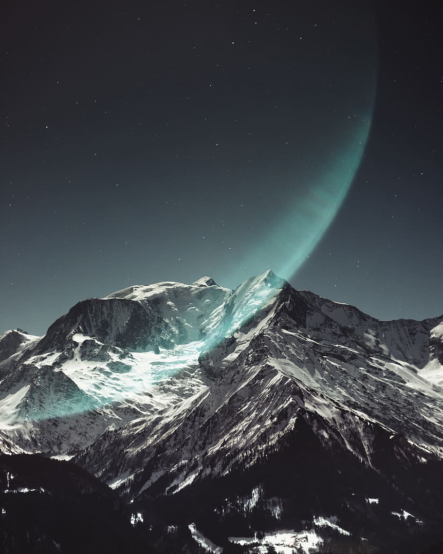 snow covered mountain, space, beauty in nature, sky, astronomy HD wallpaper