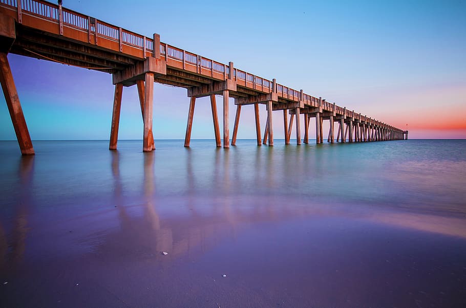 red concrete bridge, water, waterfront, dock, port, pier, building HD wallpaper