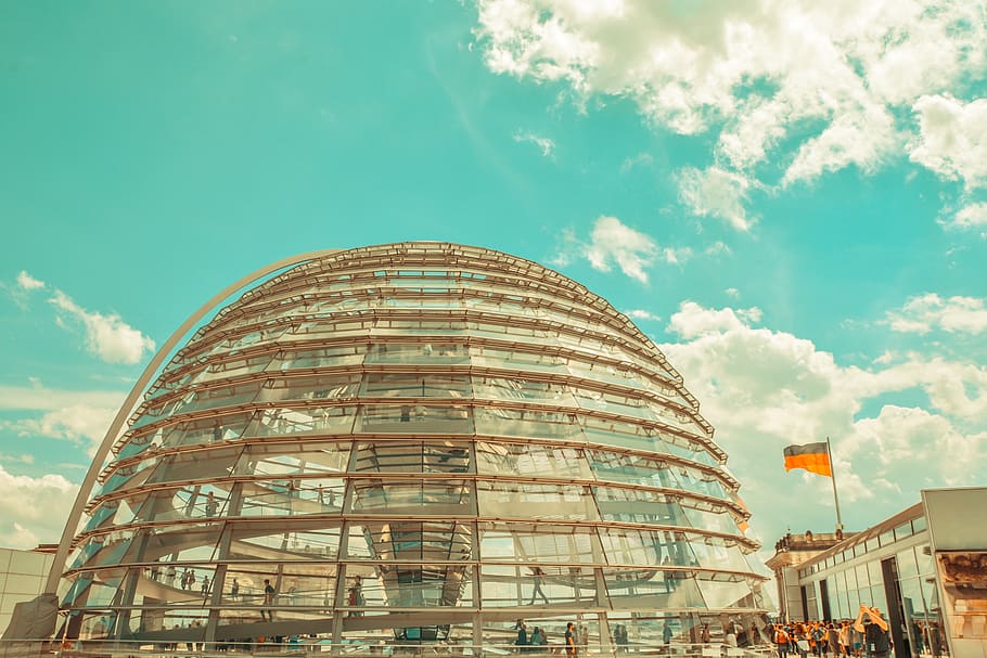 germany, berlin, sky, blue, urban, glass, flag, architecture HD wallpaper