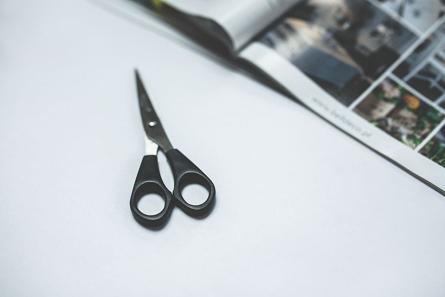 Black scissors, indoors, studio shot, white background, close-up HD wallpaper