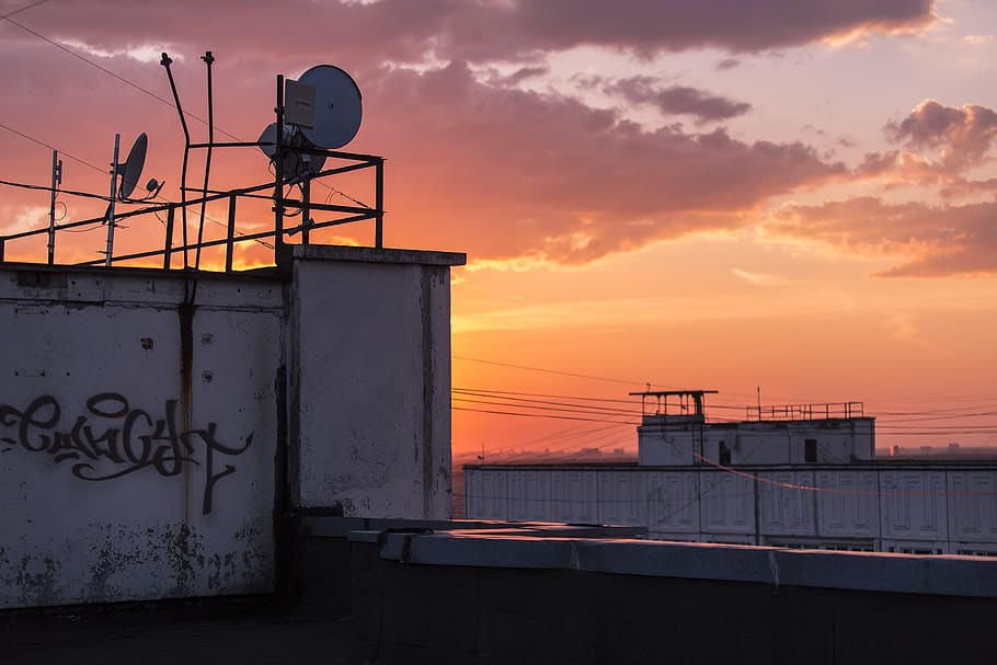 white concrete building, sunset, sky, cloud - sky, orange color HD wallpaper