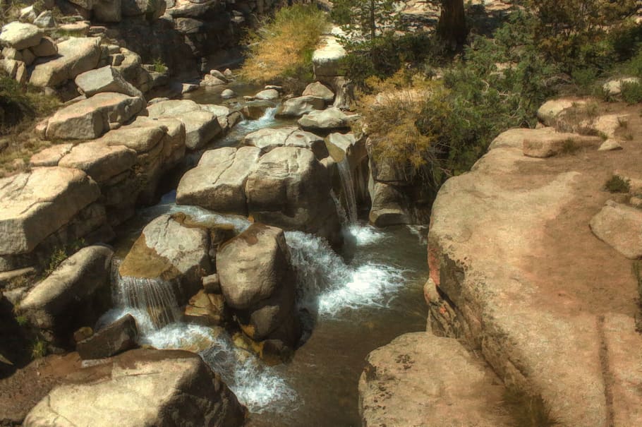 waterfall, creek, rock, rock - object, solid, nature, tree HD wallpaper