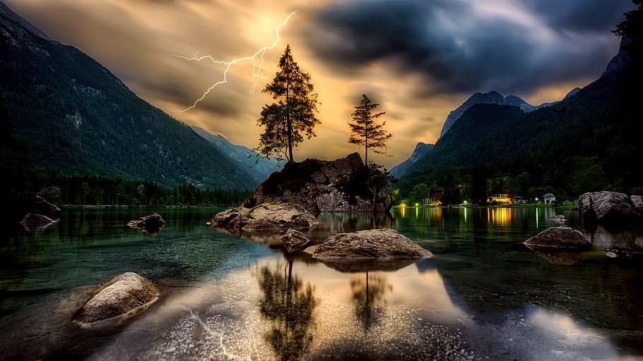 Lightning Strike, clouds, country, dawn, evening, houses, landscape HD wallpaper