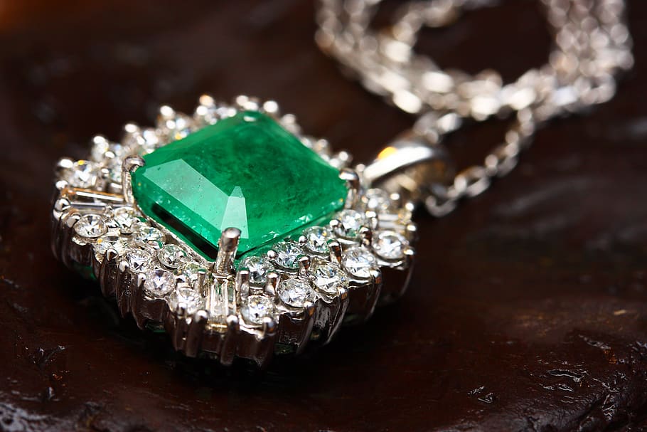 Silver-colored Pendant With Green Gemstone, blur, close-up, diamonds, HD wallpaper