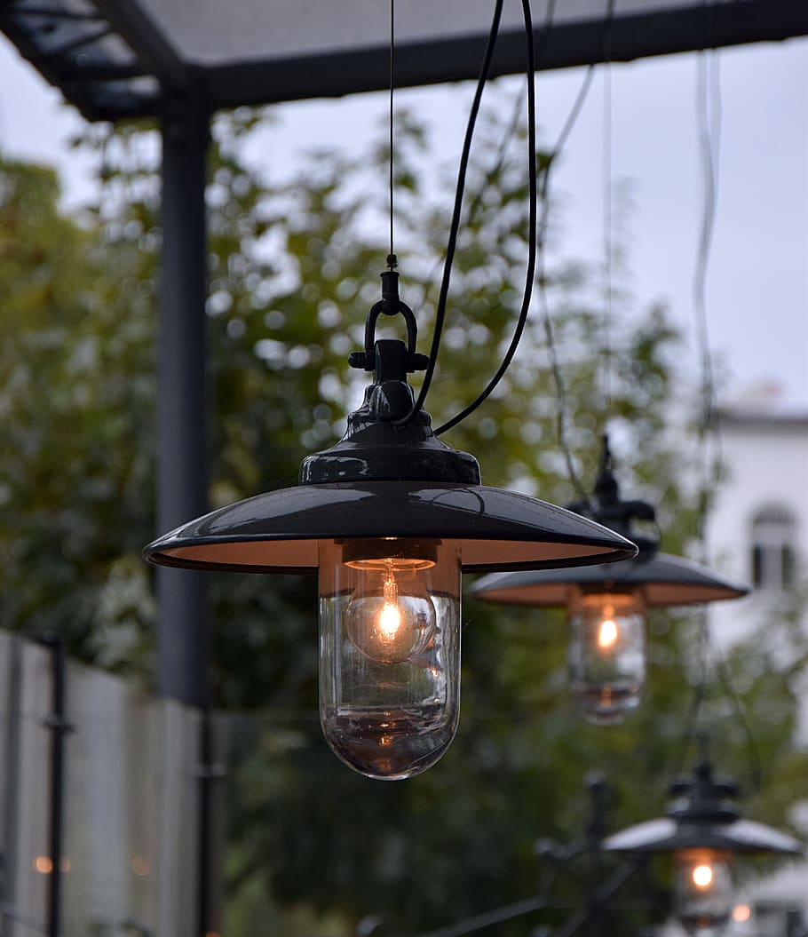 Close-up Black Pendant Lamp Near Trees, hanging, illuminated HD wallpaper