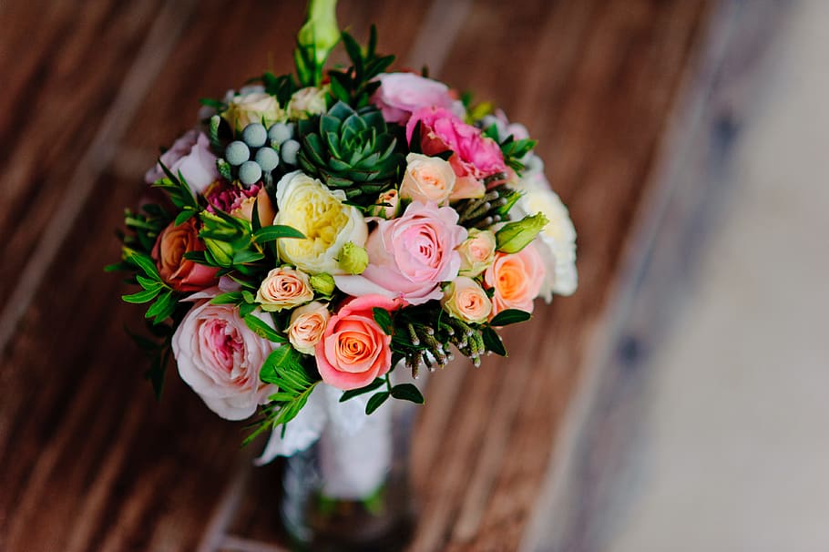 HD wallpaper: rose bouquet on table top, flower, roses, wedding, wood