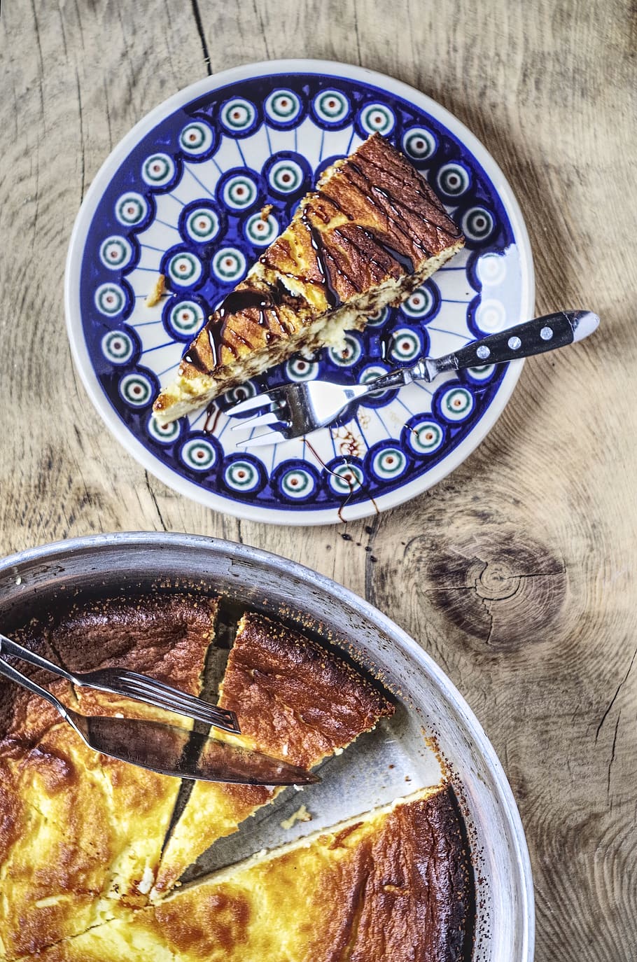 cheesecake, ceramic, plate, sliced, fork, wooden, table, porcelain HD wallpaper