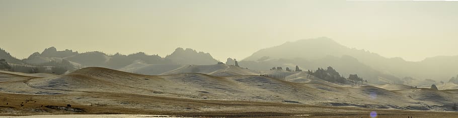 mountains, haze, sun, ray, landscape, sky, light, magic, mongolia, HD wallpaper