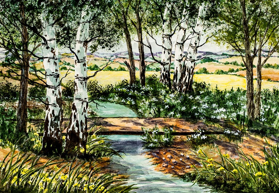 river under trees painting, plant, vegetation, grass, uk, nature HD wallpaper
