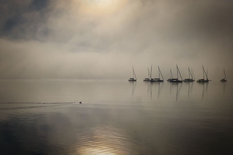 waters, reflection, lake, dawn, sunset, fog, clouds, chiemsee HD wallpaper