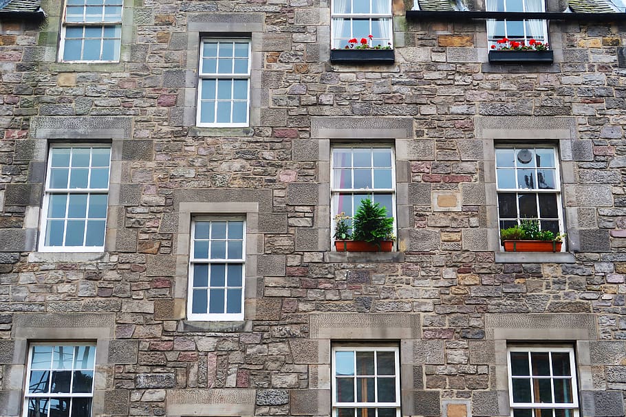 building glass windows, home decor, edinburgh, grass market, uk HD wallpaper