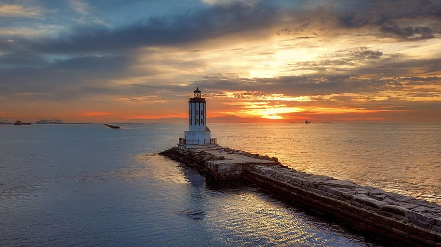 lighthouse during night, ocean, outdoors, sea, coast, water, nature HD wallpaper