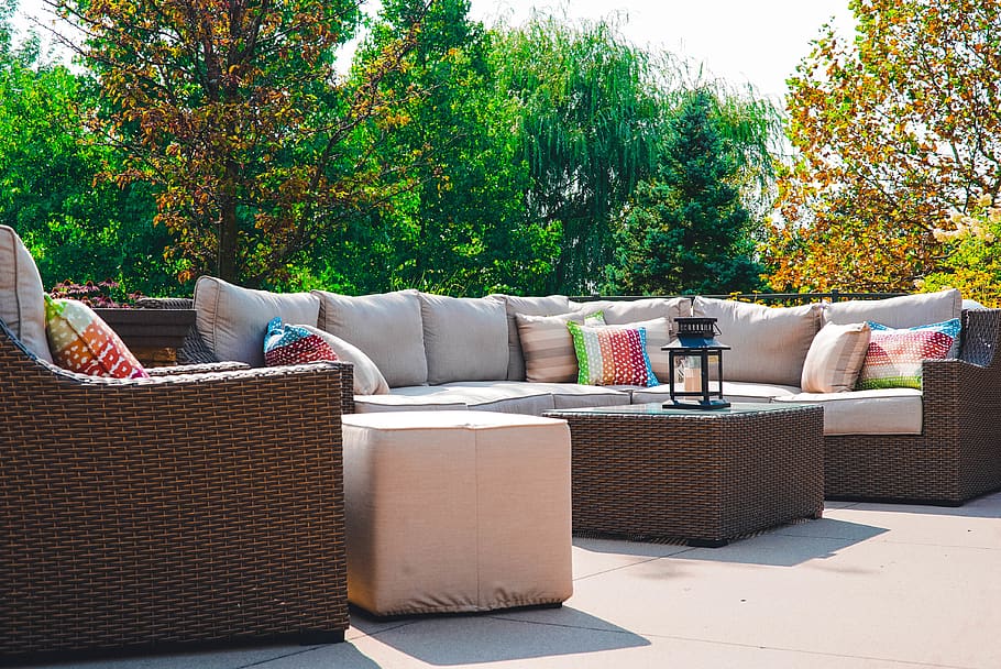 trees, plant, day, sofa, nature, no people, seat, chair, outdoors HD wallpaper