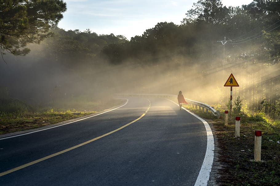 Person Walking on Road, asphalt, blur, curve, daylight, foggy, HD wallpaper