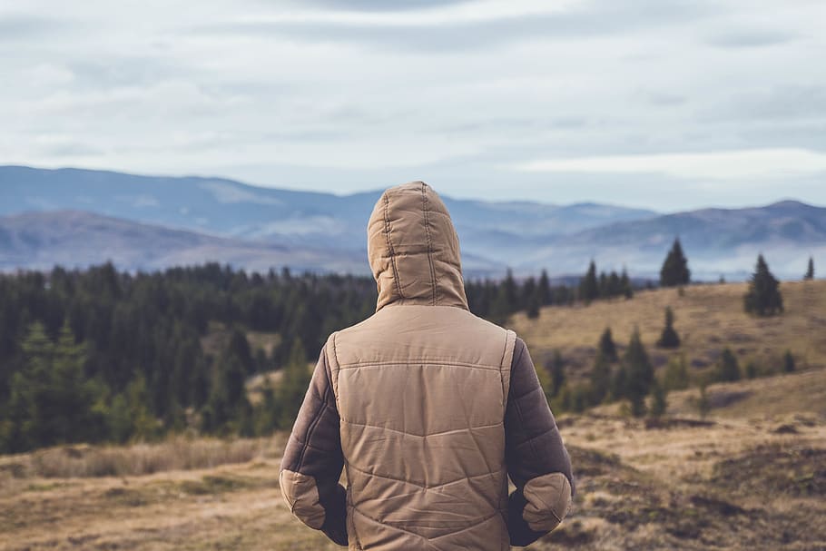Person Wearing Brown Hooded Jacket Standing on Hill Near Trees HD wallpaper