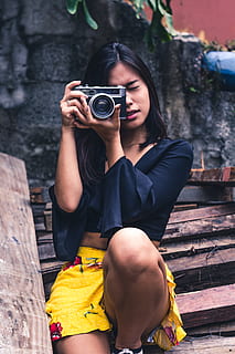 Woman Taking Photo Using Dslr Camera, beautiful, crop top, device HD wallpaper