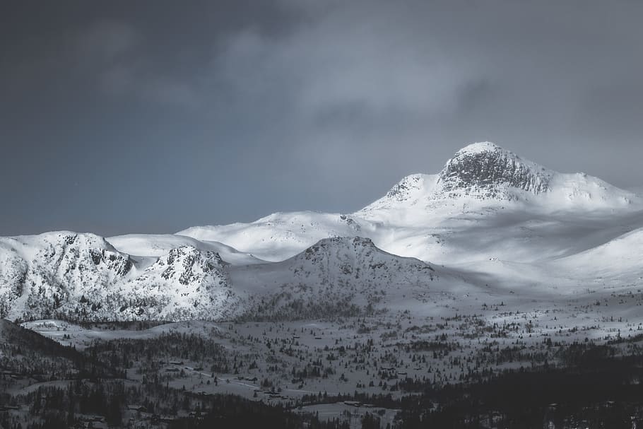 cold, snow, landscape, mountains, altitude, black and white, clouds HD wallpaper